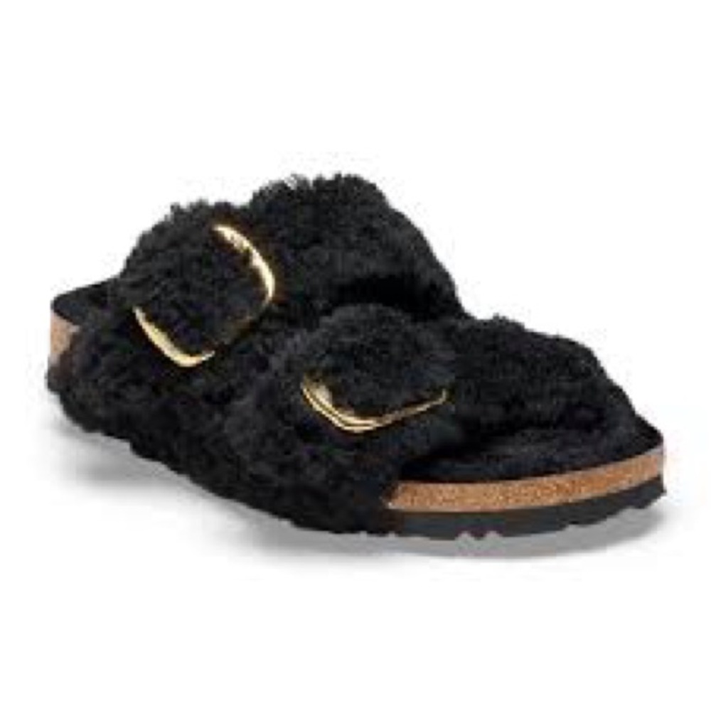Birkenstock Arizona Big Buckle Teddy slide size 40 narrow black / gold